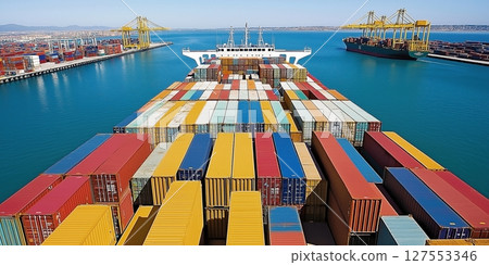 Aerial view of a large cargo ship loaded with containers 127553346