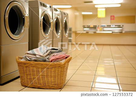 Public laundromat with baskets of clothes and washing machines in use 127553372