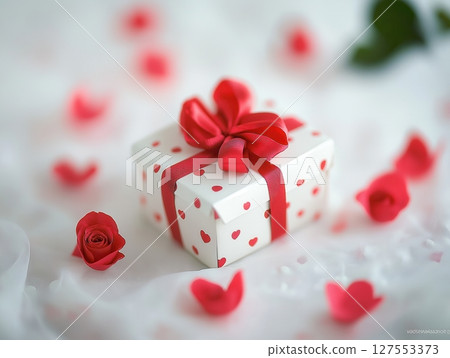 Beautifully wrapped gift box with a red ribbon and heart patterns 127553373
