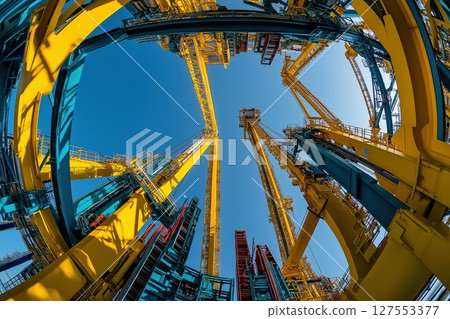 Massive container cranes at a busy shipping port with cargo loading 127553377