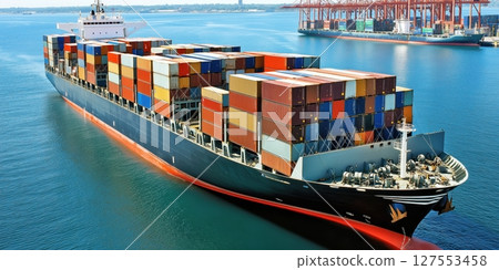 Vibrant Patterns of Containers on a Busy Cargo Ship in a Bustling Harbor Landscape 127553458