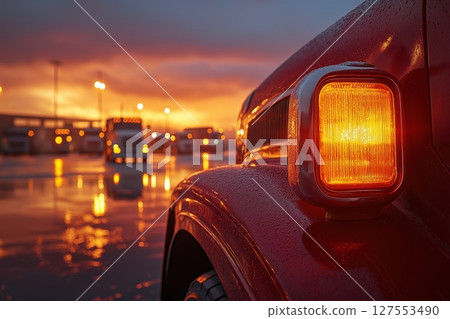 Solitude in the Glow of Sunset. A Truck Cab Illuminated at the Service Station Solitude in the Glow of Sunset. A Truck Cab Illuminated at the Service Station 127553490