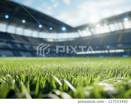 Pristine Green Grass Awaits Action in a High Tech Modern Football Stadium Environment 127553492