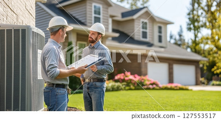 Technician Inspects Air Conditioning Unit While Ensuring Comfort at Suburban Home 127553517