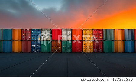 Colorful Cargo Stacks Create a Vibrant Industrial Landscape at Port During Sunset 127553559