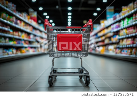 Empty Shopping Cart Awaits in a Vibrant Supermarket Aisle Filled With Potential Purchases 127553571