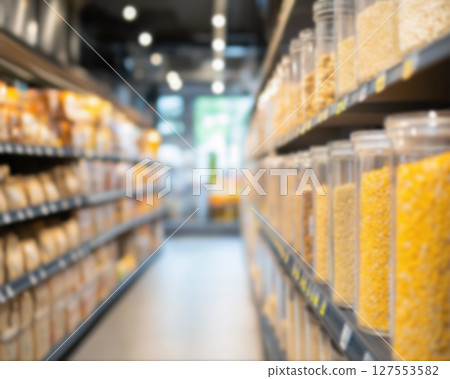 Bloored Backround of Bulk Food Section in Sustainable Grocery Store 127553582