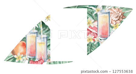 Rectangular frame with summer holiday theme. Isolated watercolor illustration with glasses, shells and green leaves for summer menu, photos, party invitations. Rectangular frame with summer holiday theme. Isolated watercolor illustration with glasses, shells and green leaves for summer menu, photos, party invitations. 127553638