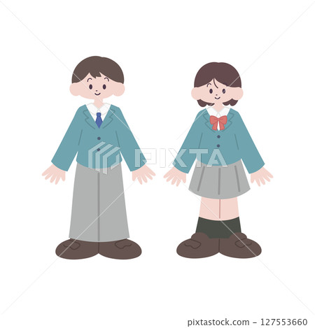 Illustration of male and female students in uniform [full body] 127553660