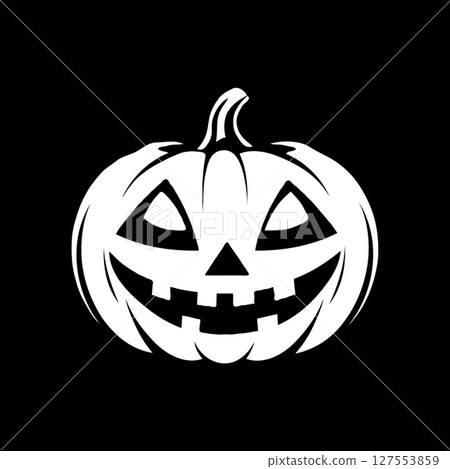 Smiling jack-o'-lantern face drawn in bold black and white style on a dark background, symbolizing Halloween celebration or spooky themes 127553859