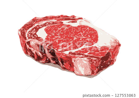 Raw marbled ribeye steak shown in high detail with realistic drawing style on white background, concept of premium beef and gourmet cooking 127553863