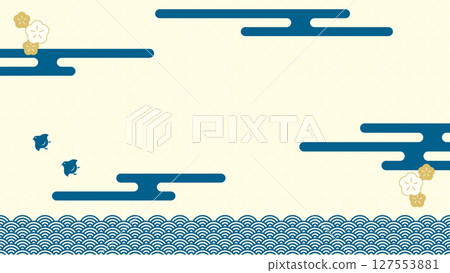 16:9 背景素材：一組日本傳統圖案，其中有一幅千鳥飛過大海的風景 127553881