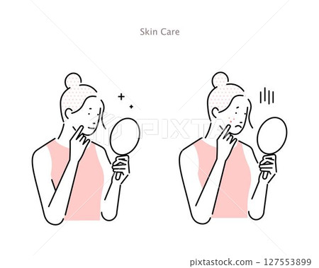 Women looking in the mirror - Illustration material of a woman with acne and blemishes and a woman with beautiful skin 127553899