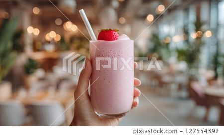 Hand holds refreshing strawberry yogurt smoothie with straw, topped with fresh strawberry, in cozy cafe setting 127554392