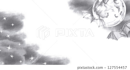 Rectangular frame with big moon, bats and starry sky. Isolated pencil illustration for postcards, Halloween invitations, theme party menus. 127554457