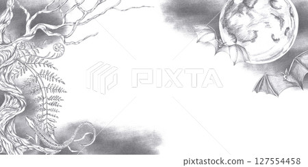 Rectangular frame with curved tree, fern, moon, bats. Isolated pencil illustration on Halloween theme for party invitations, themed menu, fear rooms. Rectangular frame with curved tree, fern, moon, bats. Isolated pencil illustration on Halloween theme for party invitations, themed menu, fear rooms. 127554458