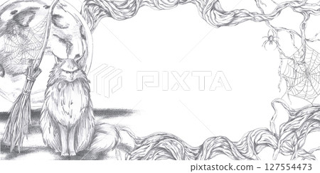 Rectangular frame with a cat, a broom against the background of the moon and gnarled branches. Isolated pencil illustration for Halloween interior decoration, postcards, invitations, poster printing. 127554473