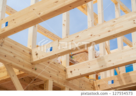 Building up a two-story wooden house 127554573