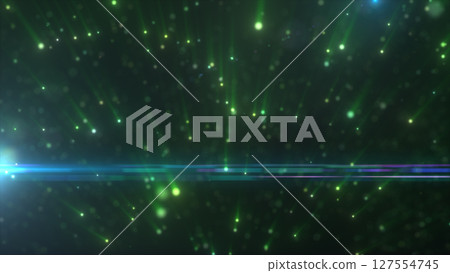 Green glowing light streaks and scattered particles with blue lens flare in a dark futuristic atmosphere Green glowing light streaks and scattered particles with blue lens flare in a dark futuristic atmosphere 127554745