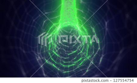 Bright green tunnel with digital grid lines, forming a high-tech energy channel 127554754