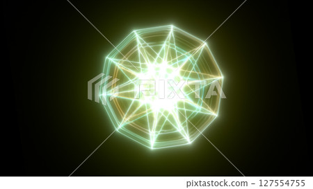 Bright radial grid of green and yellow lines with glowing energy in a digital light tunnel effect 127554755