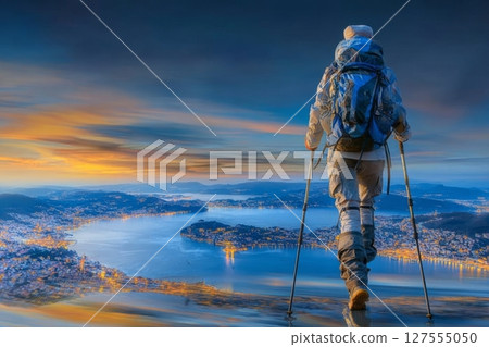 A woman is on a hiking excursion in the mountains overlooking Lake Como, near Lecco, in Italy 127555050
