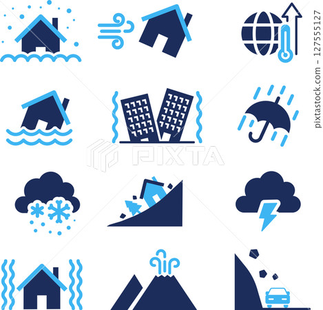 一組與災害相關的藍色兩種顏色的剪影圖標 一組與災害相關的藍色兩種顏色的剪影圖標 127555127