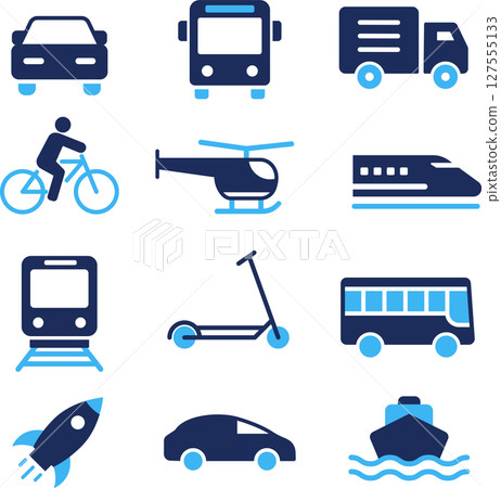Set of silhouette icons related to vehicles in two colors 127555133