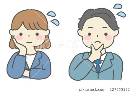 一幅簡單的例子,描繪了一位身穿西裝、憂心忡忡的男人和女人 一幅簡單的例子,描繪了一位身穿西裝、憂心忡忡的男人和女人 127555152