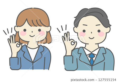 A simple illustration of a man and woman in a suit making an OK sign A simple illustration of a man and woman in a suit making an OK sign 127555154