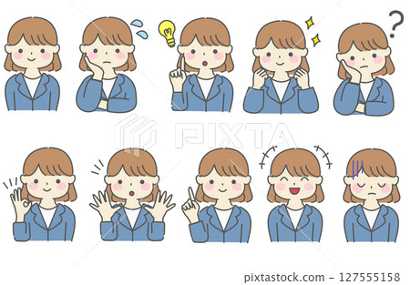 穿著西裝的女人以各種姿勢的簡單插圖 穿著西裝的女人以各種姿勢的簡單插圖 127555158