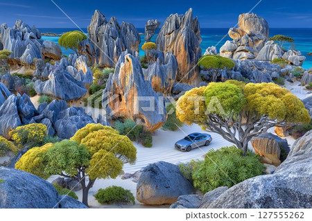 The aerial view captures a four-wheel-drive car on Pinnacles Drive, a dirt track that traverses the Pinnacles Desert in Western Australia's Nambung National Park, Australia 127555262