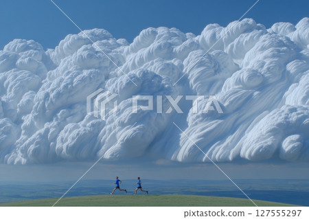 In the summer, two men are hiking on the summit of Monte Nerone in Italy 127555297