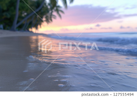 morning ocean tropical beach with palm trees, partly blurred background 127555494