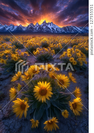 The landscape of Grand Teton National Park, Wyoming, is dotted with an assortment of brightly hued wild flowers 127555551