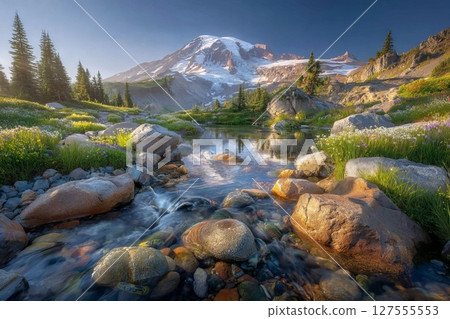 A serene sunset unfolds over Tipsoo lake in Mount Rainier National Park, Washington, with the mountain itself standing tall in the background 127555553