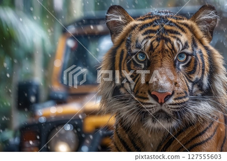 In the heart of Ranthambore Tiger Reserve, India, a male tiger takes center stage, blocking the road through the jungle In the heart of Ranthambore Tiger Reserve, India, a male tiger takes center stage, blocking the road through the jungle 127555603