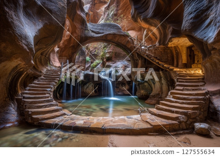 Kanarra creek slot canyon in Zion national park, Utah, USA, features a waterfall 127555634