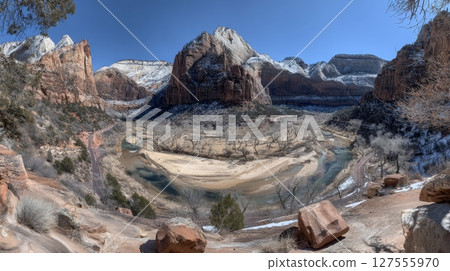 A view of Zion National Park can be seen from Lookout Point of the Canyon Overlook Trail in Utah, USA 127555970