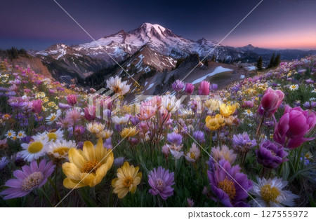 At sunset, Mount Rainier National Park features beautiful wildflowers 127555972