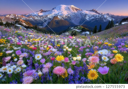 Mount Rainier National Park is home to wildflowers at sunset 127555973