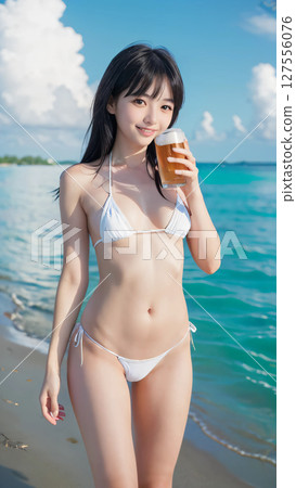 夏日海灘上，身穿比基尼泳裝、微笑的年輕女子在喝啤酒 127556076