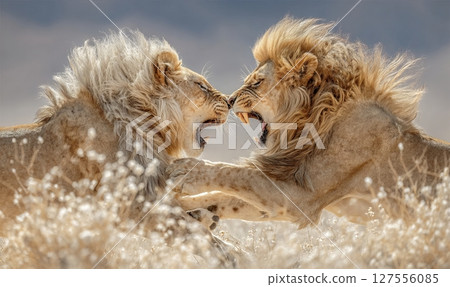 In Etosha National Park, Namibia, Africa, African Lions, specifically adult males and females, exhibit courtship behavior 127556085