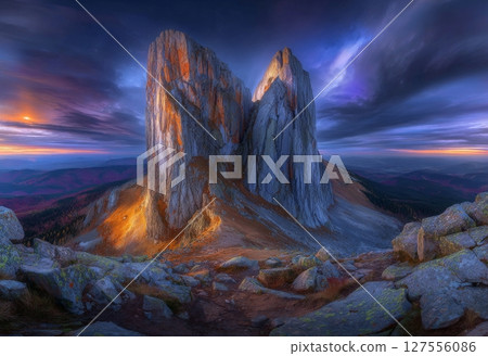 The beauty of nature is on full display in the spectacular sight of a sunrise or sunset over a mountain ridge covered in dense blue fog, with the bright orange sun rising in a soft cloudy sky over 127556086