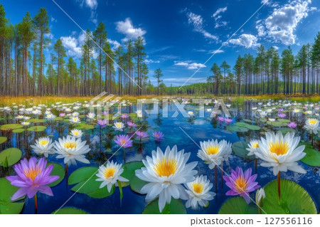 A forest swamp is reflected in the water surrounded by trees within the swamp 127556116