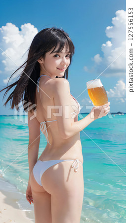 Smiling young woman in bikini swimsuit drinking beer on summer beach 127556153