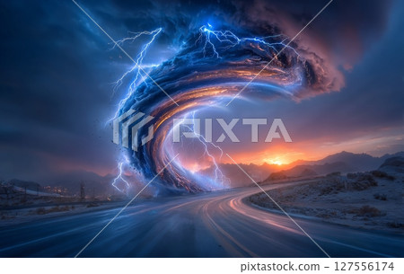 A mixed media landscape illustration portrays a dramatic storm at sunset, characterized by a powerful tornado twisting through the countryside and sheet lightning illuminating the sky 127556174