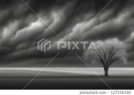 A solitary tree stands in a field as ominous storm clouds gather over the plain, signaling impending danger from a thunderstorm and potential natural disasters 127556180