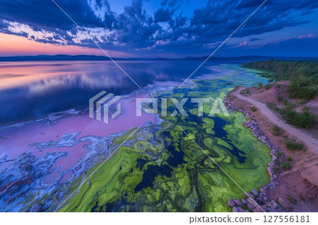 The presence of green seaweed on the seashore illustrates the concept of ecology and natural disasters 127556181