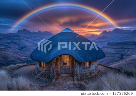 Under a vibrant rainbow, a tent is positioned in a lush meadow within the Naryn gorge of Naryn Region, Kyrgyzstan, Asia 127556269